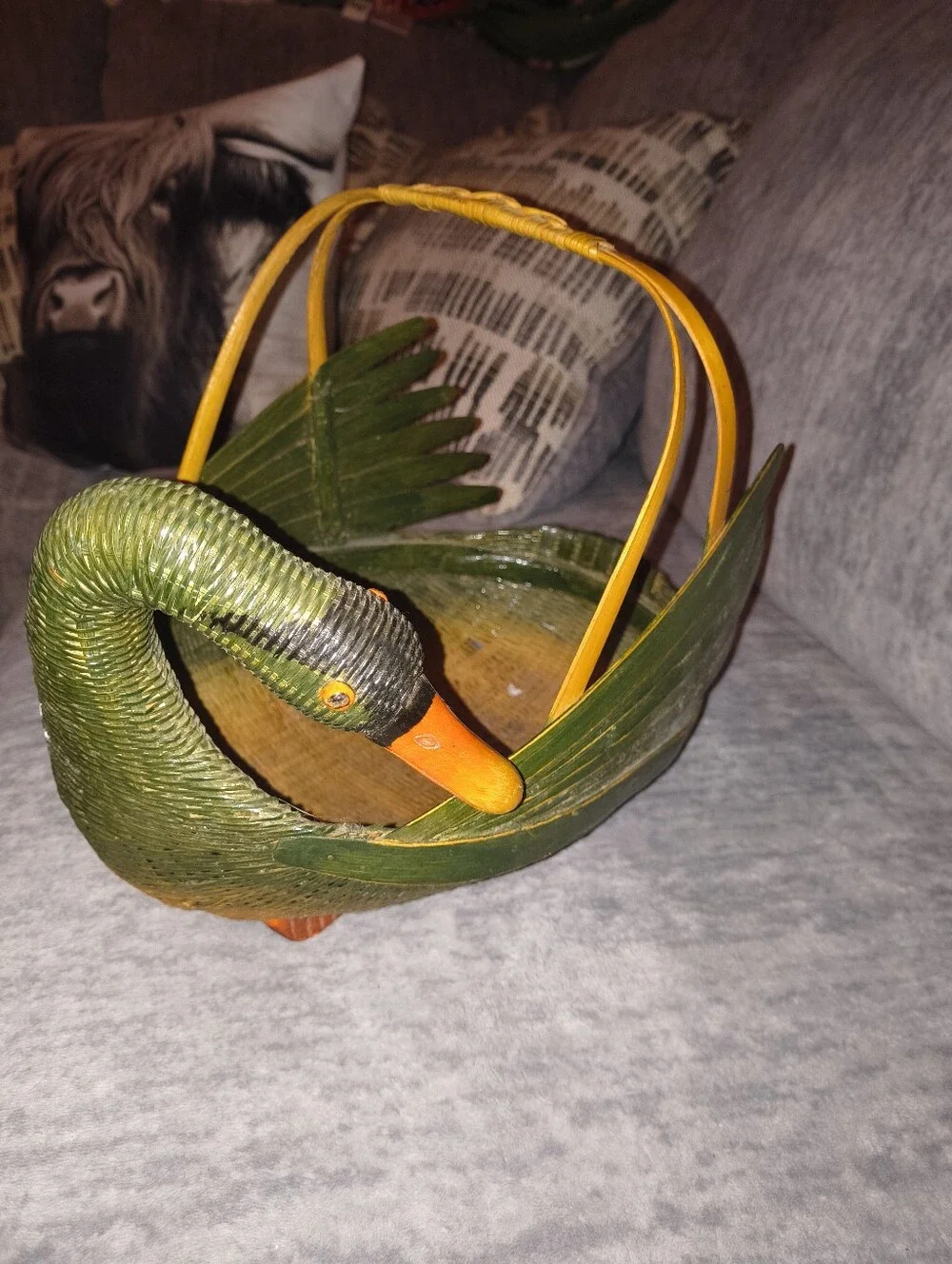 Vintage Green Wooden Swan Basket with Orange Accents